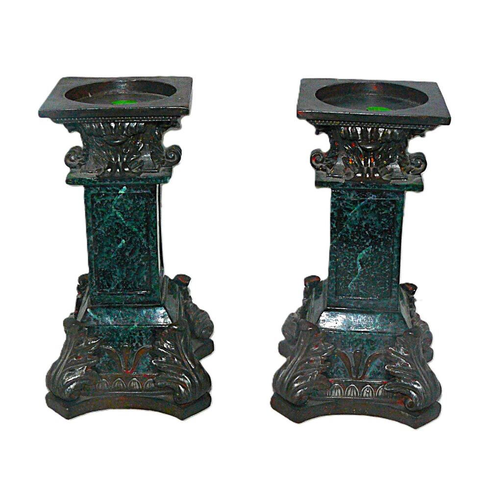 Vintage Pair Faux Marble Wood Gothic Pillar Candle Holders Carved Black Green